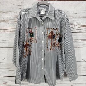 That's The Way To Go Women's Striped Embroidered Button Front Top XL